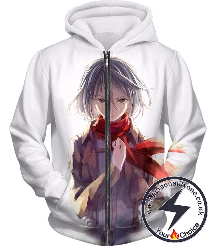 Attack on Titan Awesome Mikasa Ackerman White Zip Up Hoodie